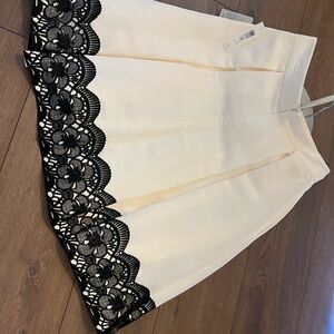 Eliza J Cream A-Line Skirt with Black Floral Lace Trim